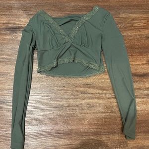 Romwe Dark Green lace Long sleeve crop top